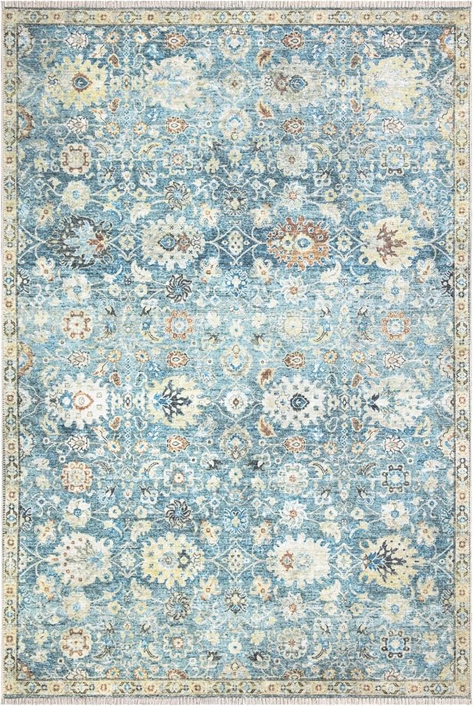 Bloom Rugs Caria Washable Non-Slip 5x7 Rug - Blue/Beige Traditional Area Rug for Living Room, Bedroom, Dining Room, and Kitchen - Exact Size: 5' x 7'