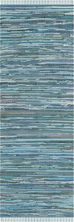 SAFAVIEH Rag Rug Collection Runner Rug - 2'3" x 9', Blue & Multi, Handmade Boho Stripe Cotton, Ideal for High Traffic Areas in Living Room, Bedroom (RAR121B)