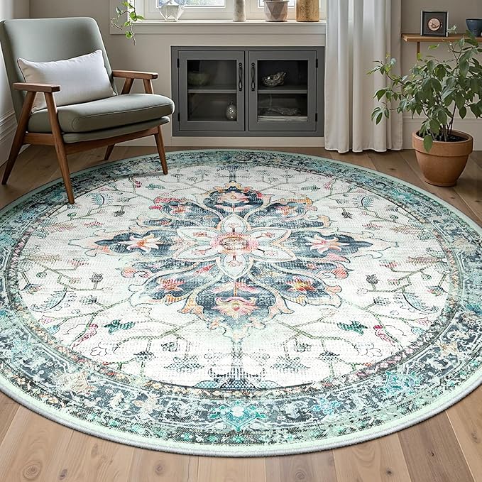 Area Rugs 7ft Washable Non-Slip, Floral Vintage Distress Print Pattern Medallion Carpet for Living Room Bedroom Dining Room, Green Navy Blue White Red Teal Colorful