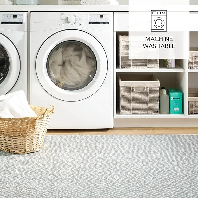 Dash and Albert Diamond Machine Washable Area Rug - 6' x 9' Platinum/White - Diamond Accent Rug - Anti-Slip Backing, Lightweight, Machine Washable, High Traffic Areas Kitchen, Mudroom, Laundry Room