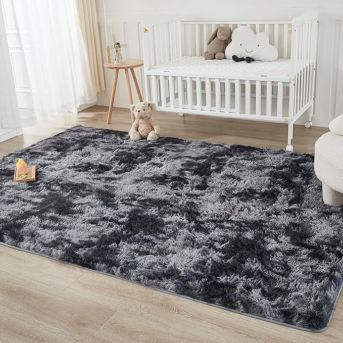 Andency 8x10 Area Rugs for Living Room, Upgrade Non-Slip Fluffy Soft Large Shag Bedroom Carpet, Tie-Dyed Dark Grey Big Indoor Thick Nursery Rug for Kids Dorm Home Decor Aesthetic