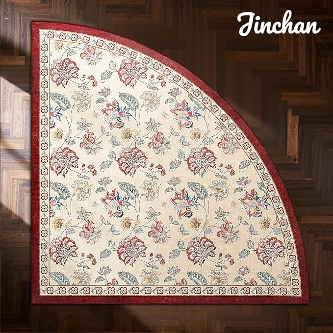 jinchan Elora Floral Corner Rug for Living Room Washable Bedroom Rug Vintage Romance Design Non Slip Quarter Circle Lightweight Low-Pile Throw Carpet for Reading Nook Playroom,8ft Radius, Red/Beige