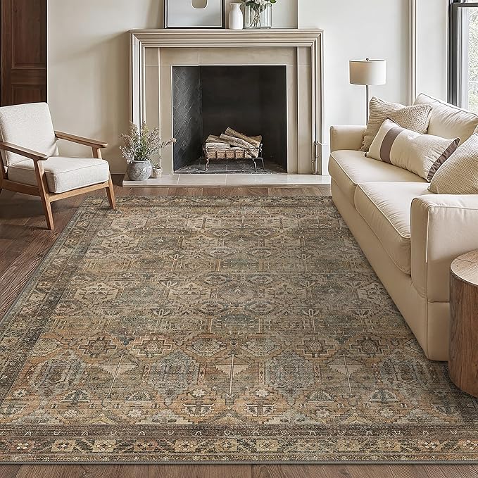 Bavni Washable Rug 10x14 Area Rug for Living Room Bedroom Dining, Washable Vintage Print Carpet, Ultra-Thin Chenille Low Pile Lightweight Rug with Non Slip Backing, Warm Taupe