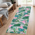 Tropical Runner Rug 2x8 ft - Floral & Leaf Print, Pink Flowers & Greenery - Non-Slip Easy Clean - Hallway, Living Room, Bedroom - Bohemian Watercolor Style