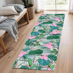 Tropical Runner Rug 1.3x7 ft - Floral & Leaf Print, Pink Flowers & Greenery - Non-Slip Easy Clean - Hallway, Living Room, Bedroom - Bohemian Watercolor Style