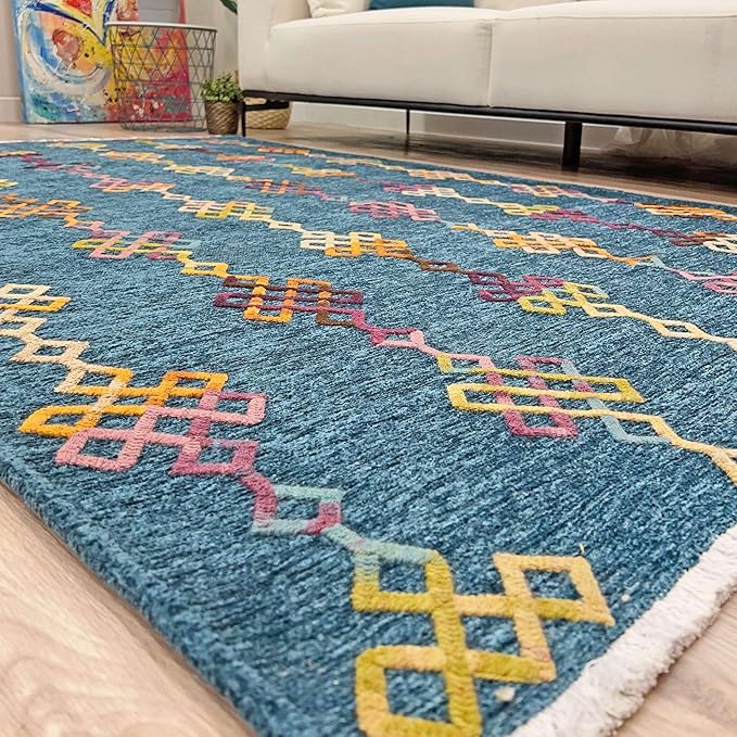 Alfa Rich 5x8 Moroccan Blue Washable Area Rugs for Living Room Bedroom Kitchen Decor Cotton Rug