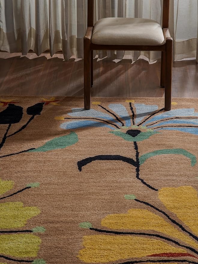 Rugsotic Carpets Hand Tufted Wool ECO-Friendly Area Rugs - 8'x11', Rectangle Shape, Camel, Floral Modern Design, High Pile Thick Handmade Anti Skid Area Rugs for Living Room, Bed Room (K00219)