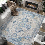 jinchan Kelda Area Rug 8x10 Washable Living Room Rug Vintage Soft Indoor Large Floor Cover Retro Distressed Mat Accent Lightweight Non-Slip Thin Carpet for Kitchen Bathroom Bedroom Blue