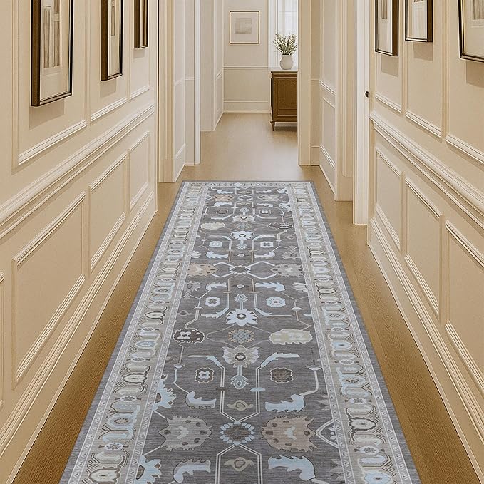 Fame Living Brown Oushak Runner Rug, Modern Runners, Vintage, Turkish, Eclectic, Floral, Pastel, Washable, Runner for Hallway, Kitchen, Bedroom, Bathroom, 2'5"x9'8"