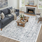 Navy Blue Area Rug 9x12 Machine Washable Large Vintage Living Room Distressed Non Slip Carpet Traditional Indoor Bedroom Retro Floral Accent Throw Rug for Office Kitchen Dining Room