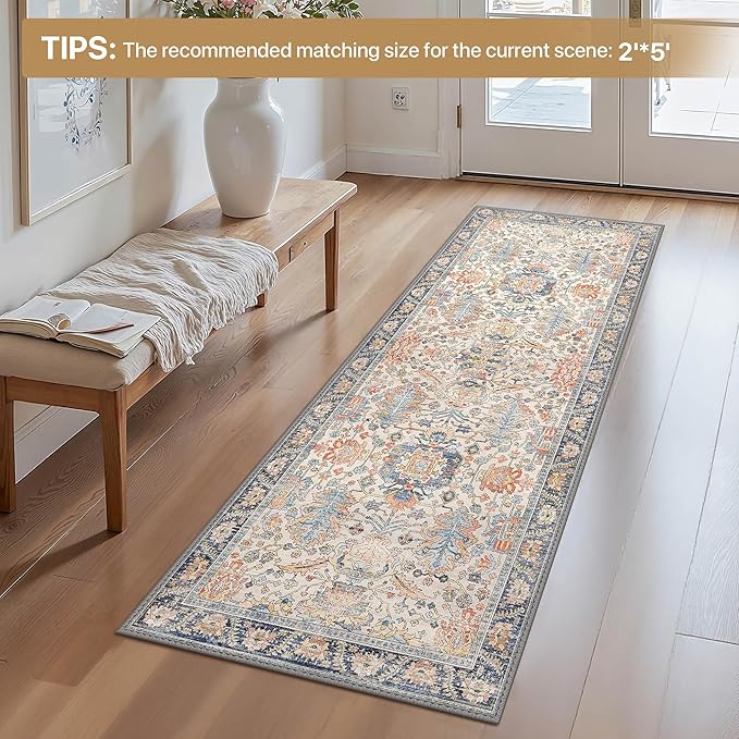 Bavni Runner Rug, Machine Washable Rugs for Bedroom 2x7, Non Slip Boho Rugs with Rubber Backing, Ultra-Thin Folable Rug Runner for Hallways Bathroom, Teal/Multi