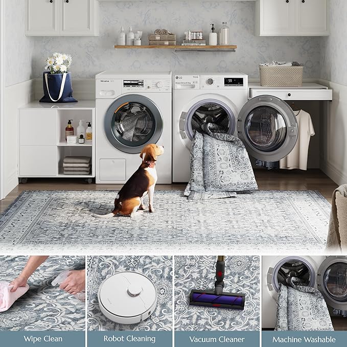 jinchan Round Rug 8ft Washable Circle Soft Rug - Low Pile Vintage 8'Round Indoor Grey Floral Print Stain Resistant Boho Carpet Ultra-Thin Non-Slip for Living Room Bedroom Dining Room Kitchen