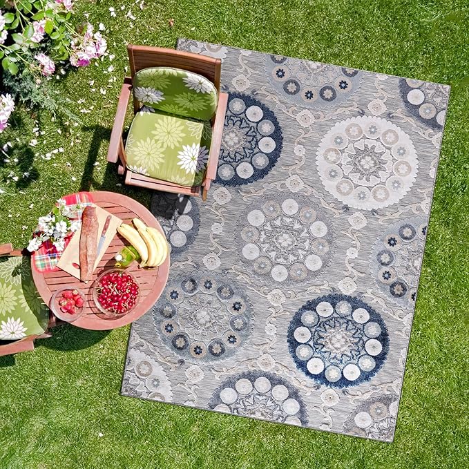 CAMILSON Indoor Outdoor Rug 9x12 Bohemian Medallion Floral Area Rugs for Indoor and Outdoor Patios Easy-Cleaning Non-Shedding Living Room Garden and Kitchen Washable Outside Carpet (9 x 12 / Blue)