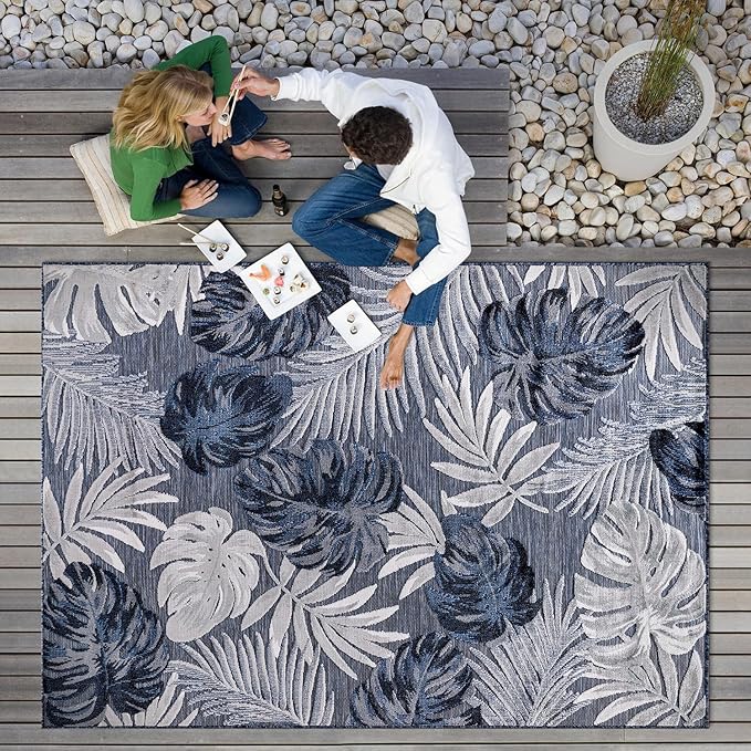 CAMILSON Indoor Outdoor Rug, Navy 10’x14’ Leaf Tropical Botanical Area Rugs for Indoor and Outdoor patios, Easy-Cleaning Non-Shedding Living Room, Garden and Kitchen Washable Outside Carpet (10x14)