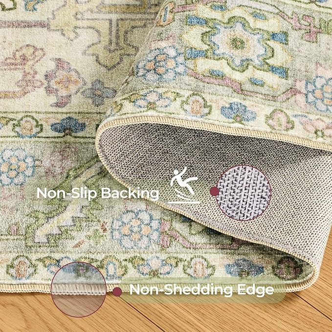 Kokia 9x12 Washable Sage Green Area Rugs with Vintage Orient Design, Soft Rug for Living Room or Bedroom, Non-Slip Low Pile Stain Resistance Features, Distressed Medallion Pattern