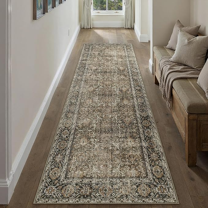 Brown Runner Rug 2'6"x18' Vintage Area Carpet Hallway Long Indoor Kitchen Washable Living Room Low Pile Traditional Distressed Retro Accent Rug Non Slip Laundry Bathroom Office Dining Room