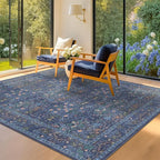 Dark Navy Blue Living Room Rug 5x7 Area Rug - Vintage Floral Forest Washable Mat for Dining Room, Bedroom, Low Pile Non Slip Stain Resistance Distressed Retro Indoor Boho Carpet