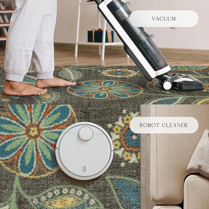 Maples Rugs Reggie Floral Runner Rug - Made in USA - Washable, Non Slip Indoor Carpet for Kitchen, Hallway, and Laundry Room, 2' x 10', Dark Grey