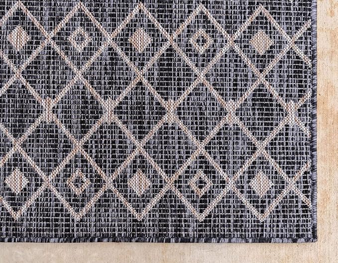 Unique Loom Outdoor Trellis Collection Area Rug - Tribal Trellis (9' x 12' Rectangle, Charcoal Gray/ Natural)