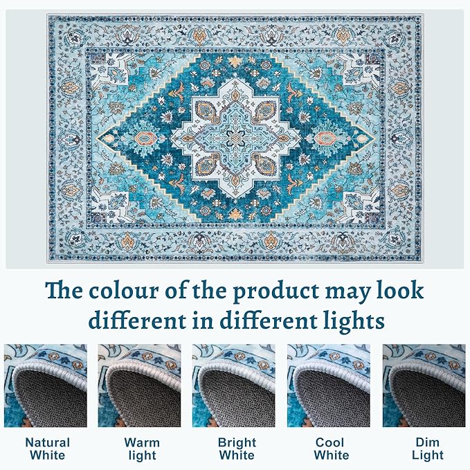 Tangsoo Blue 3x5 Washable Rug, Vintage Indoor Area Rugs, Boho Non Slip Accent Rug Carpet, Soft Low Pile Rugs for Living Room Dorm Bedroom Bedside Entryway Bathroom Home Decor