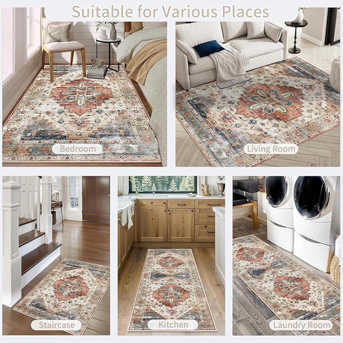 Enkor Runner Rugs for Hallway, 2x6 Washable Soft Non Slip Floor Rugs for Kitchen, Modern Mat for Living Room Bedroom Entryway Beige & Red