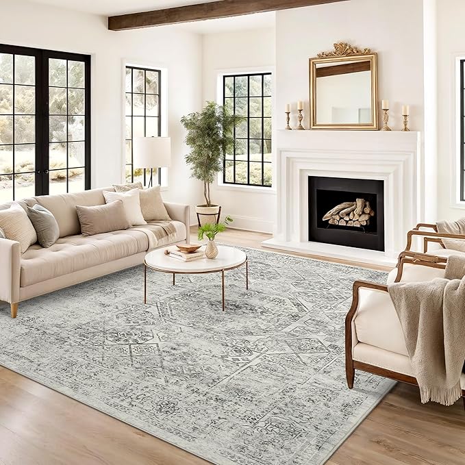 6x9 Area Rug for Living Room Floral Washable Non-Slip Gray Rugs for Bedroom Dinning Room Ultra-Thin Indoor Grey Rug