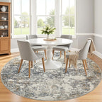 8ft Washable Round Rug - 8x8 Area Rugs Modern Abstract Rugs for Living Room Non-Slip Low Pile Soft Machine Washable Carpet for Bedroom, Living Room, Dining Room, Nursery, Farmhouse (8'x8' Tan Blue)
