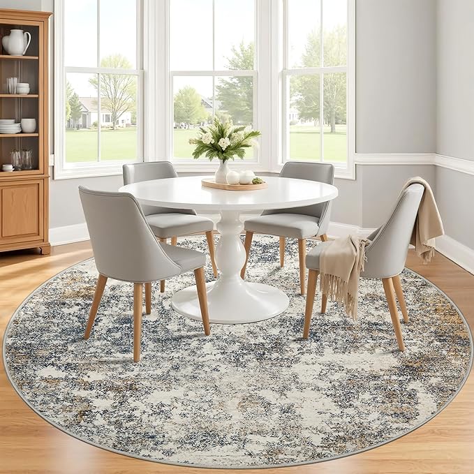 8ft Washable Round Rug - 8x8 Area Rugs Modern Abstract Rugs for Living Room Non-Slip Low Pile Soft Machine Washable Carpet for Bedroom, Living Room, Dining Room, Nursery, Farmhouse (8'x8' Tan Blue)