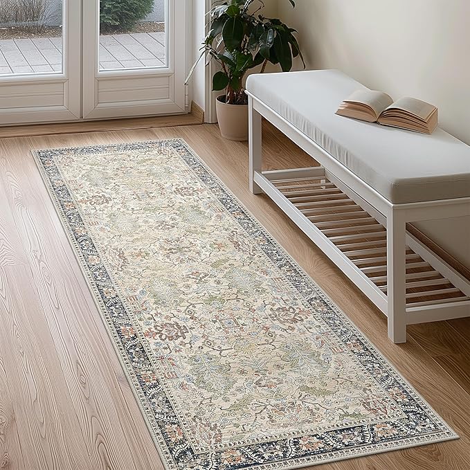 Bavni Runner Rug Non Slip for Bathroom Kitchen Hallway 2x5 Washable Runner Boho Bedsied Rugs Floor Runner for Entryway Laundry, Soft Low Pile Rugf, Ivory/Teal