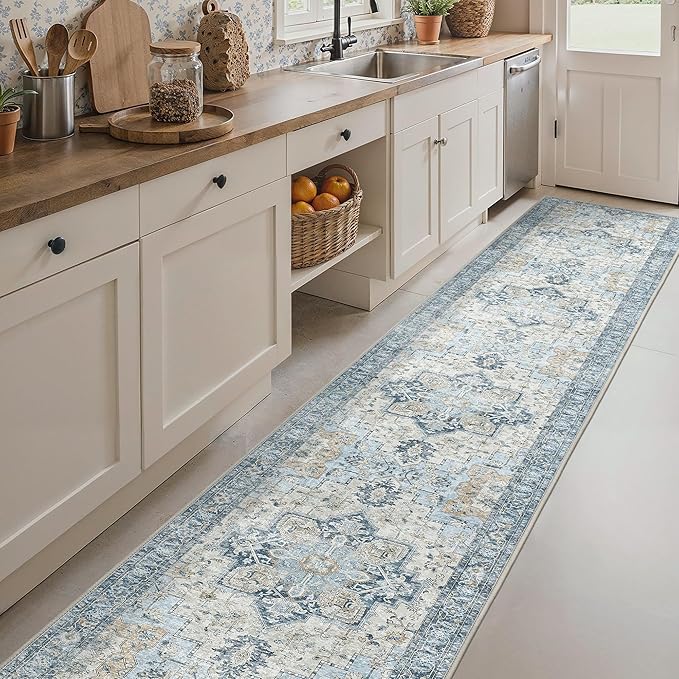 Runner Rug 2'6''x14, Non Slip Vintage Machine Washable Hallway Runner Rugs, Low Pile Lightweight Mat for Hallway, Entryway, Bedroom, Kitchen and Corridor, Blue