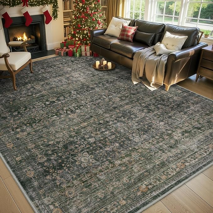 MontVoo-Vintage Area Rug 5X7 Green Rugs for Living Room-Soft Distressed Printed Rugs for Bedroom-Non Slip Carpet-Machine Washable Rug for Dining Room Living Room Bedside Office