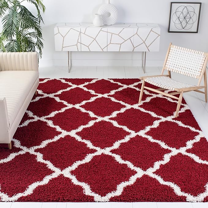 SAFAVIEH Dallas Shag Collection Area Rug - 8'6" x 12', Red & Ivory, Trellis Design, Non-Shedding & Easy Care, 1.5-inch Thick Ideal for High Traffic Areas in Living Room, Bedroom (SGD257Q)