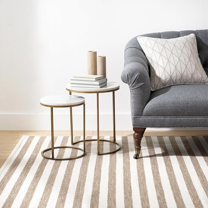 Home Conservatory Ladder Stripe Natural/Ivory Handwoven Wool 2.5 X 8 Feet, Ivory/Multicolored Stripe Pattern