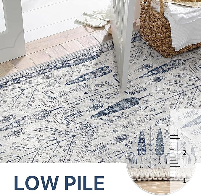 Bavni Rugs for Living Room, Floral Non Slip Machine Washable Rug, Neutral Low Pile Lightweight Rug for Dining Room Bedroom, Thin Durable Farmhouse Vintage Tree Blue 6x9 Rugs