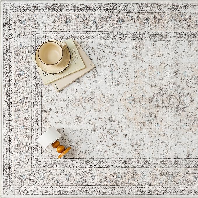 3x4 Washable Vintage Area Rug for Living Room Bedroom Beige Grey Soft Tranditional Non Slip Large Throw Rug Lightweight Floral Low Pile Distressed Carpet Entryway Doormat Hallway Bedroom