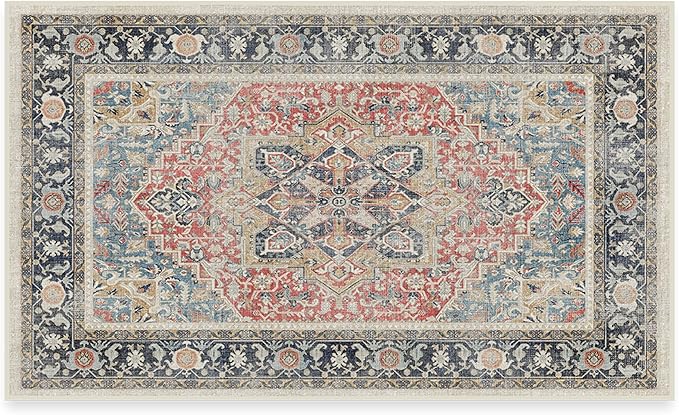 RUGGABLE Washable Vintage Area Rug – Kamran Cayenne Red 3x5, Stain-Resistant, Non-Slip – Small Machine Washable Rugs for Living Room, Bedroom, Hallway, Entryway & Office–with Standard Pad