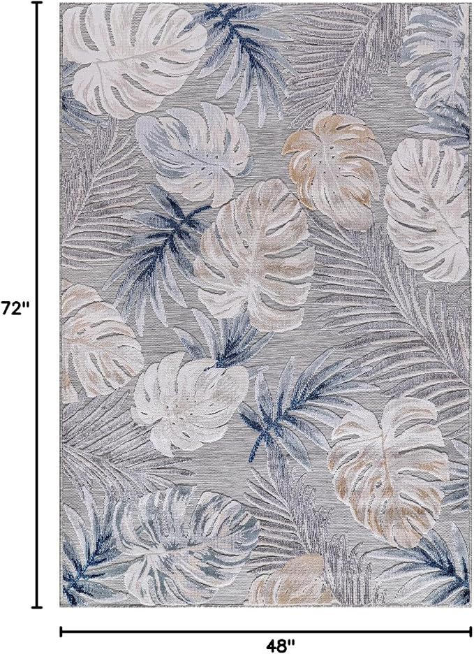 CAMILSON Indoor Outdoor Rug, Blue 4x6 Leaf Tropical Botanical Area Rugs for Indoor and Outdoor patios, Easy-Cleaning Non-Shedding Living Room, Garden and Kitchen Washable Outside Carpet (4 x 6)