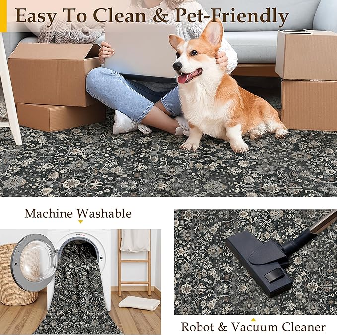 HUGEAR 6x9 Machine Washable Rugs Black Beige Hallway Large Area Rug Indoor Accent Rug Floral Low Pile Carpet Soft Throw Aesthetic Rug Bedroom Living Room Office Dining Room Laundry Room