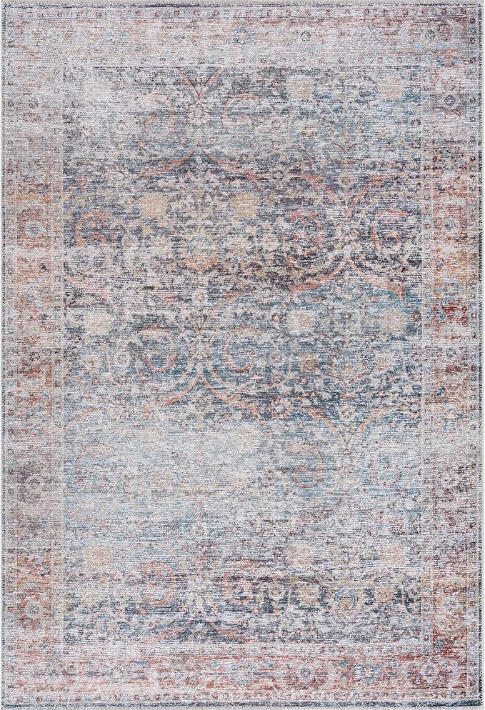 Bloom Rugs Caria Washable Non-Slip 5x7 Rug - Ocean Blue/Brick Traditional Area Rug for Living Room, Bedroom, Dining Room, and Kitchen - Exact Size: 5' x 7'