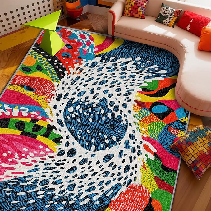 Optical Illusion Rug, Abstract Retro Area Rug 6x8, Wavy Orange Art Low Pile Non Skip Carpets Home Decor #C113