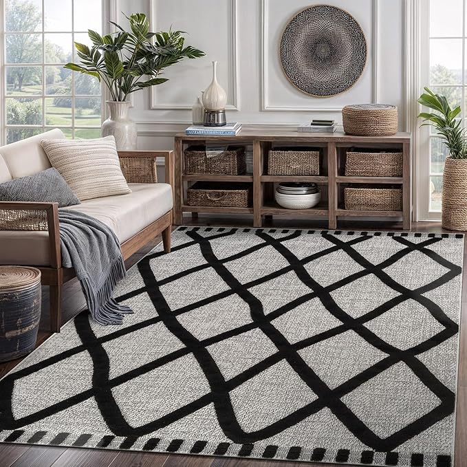 CAMILSON Modern Rug 5x7 Luxury Diamond Pattern Micro Loop Area Rugs Soft High-Low Pile Stain Resistant Easy to Clean Non-Shedding Durable Living Room Kitchen Indoor Carpet (Black/Gray)