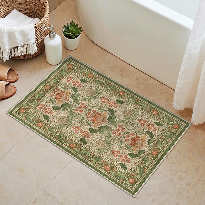 Bavni 2x3 Area Rugs, Floral Machine Washable Rugs for Living Room, Dinning Room, Bedroom, Non Slip Aesthetic Vintage Low Pile Durable Lightweight Farmhouse Rug, Sage Green & Burnt Orange