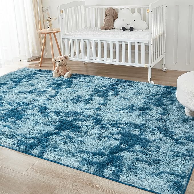 Andency Area Rugs 9x12 for Living Room Home Decor, Large Shaggy Bedroom Carpet, Non-Slip Big Shag Indoor Thick Soft Fluffy Furry Fur Area Rugs for Kids Dorm Nursery Aesthetic, Tie-Dyed Navy Blue
