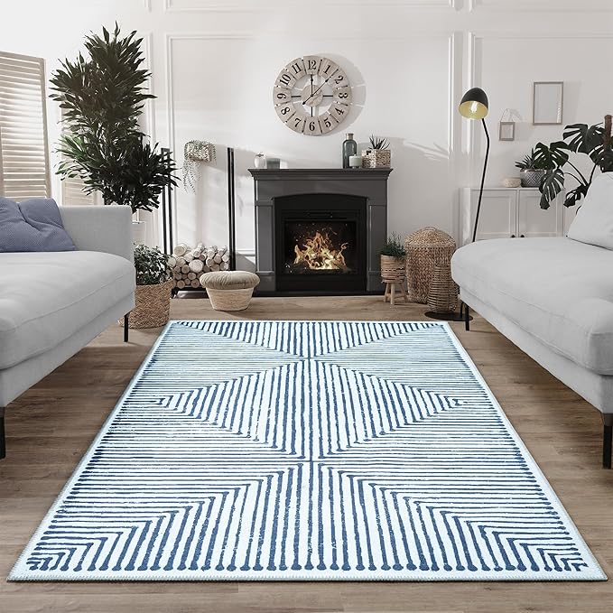 Bloom Rugs Washable Non-Slip 6' x 9' Rug - Blue/Ivory Striped Area Rug for Living Room, Bedroom, Dining Room, and Kitchen - Exact Size: 6' x 9'