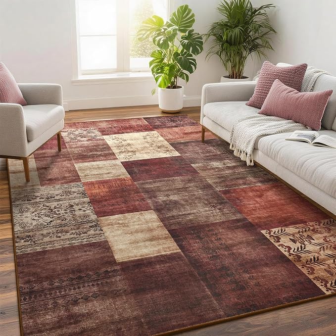 Tepook Modern Area Rug for Living Room, 5x7 Geometric Large Rugs for Bedroom, Washable Patchwork Rug Indoor Non-Slip Throw Carpets for Dining Room Office Farmhouse Home Decor, Red