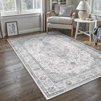 HUGEAR Area Rug 5x7 Vintage Grey Machine Washable Living Room Rugs Thin Neutral Floral Vacuumable Low Pile Carpet Bedroom Office Dining Room Laundry Room Non Slip Soft Lightweight