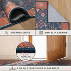 Washable 10 ft Long Runner for Kitchen Floor - Navy Blue Hallway Runner Rug, Pet Friendly Waterproof Non Slip with Rubber Backing, Stain Resistant Laundry Room Rug (3x10 Navy Blue & Terracotta)