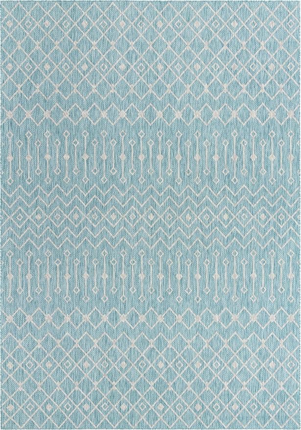 Unique Loom Outdoor Trellis Collection Area Rug - Tribal Trellis (10' x 14' 1" Rectangle, Aqua/ Ivory)