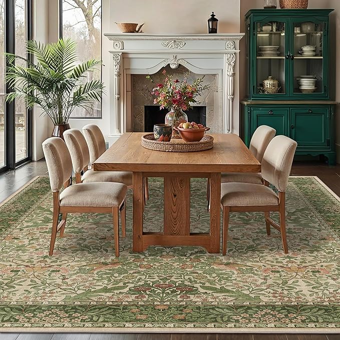 9x12 Floral Washable Area Rug for Living Room, Vintage Boho Large Rugs for Bedroom Dining Room, Botanical Birds Non Slip Low Pile Forest Throw Carpet for Farmhouse Office, Retro Pink/Green