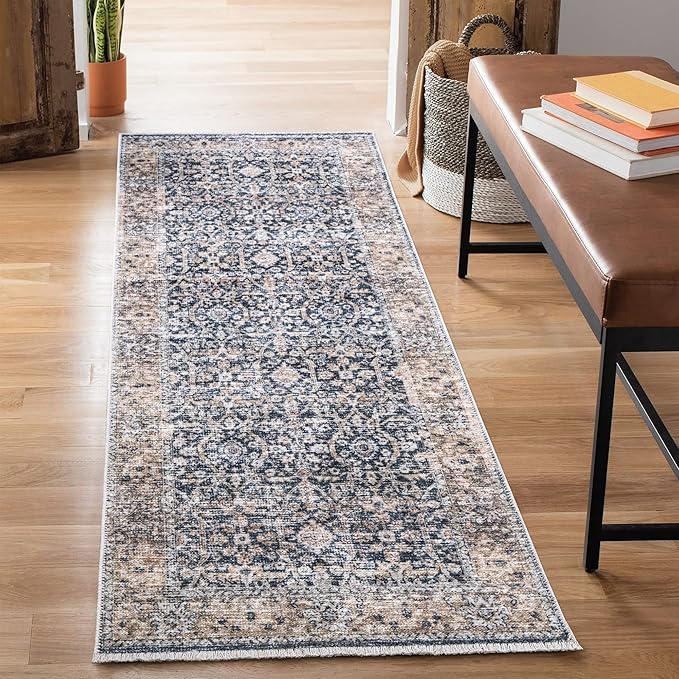 Bloom Rugs Caria Washable Non-Slip 10 ft Runner - Dark Blue/Tan Traditional Runner for Entryway, Hallway, Bathroom, and Kitchen - Exact Size: 2'6" x 10'